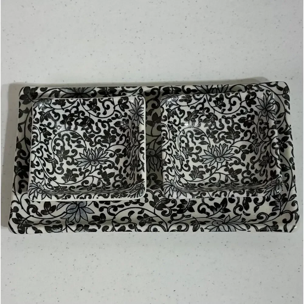 Kanesada Salt Glaze‎ Stoneware Set Sushi Plate Sauce Bowls Black Floral Filagree